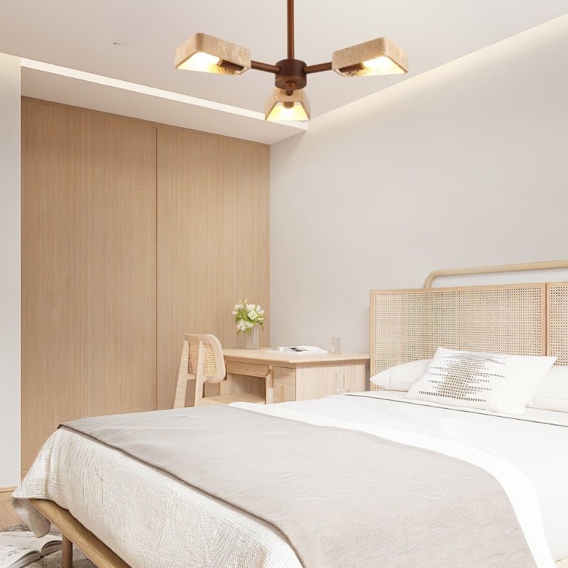 "Stylish ceiling lamp made from durable travertine and wood, adding modern charm and soft light to dining and living areas."