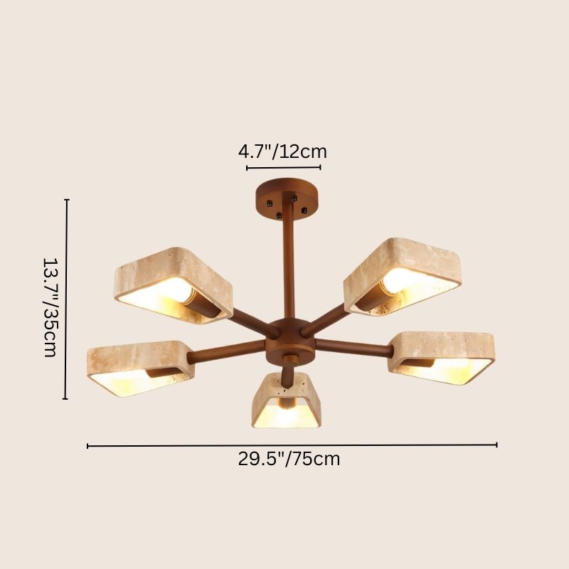 "Five-light ceiling lamp made from travertine and wood, statement lighting for rustic and modern interiors"