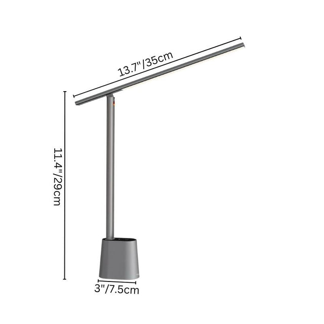 "Dimensions of a modern table lamp made from aluminum and polycarbonate, showing size in centimeters and inches."