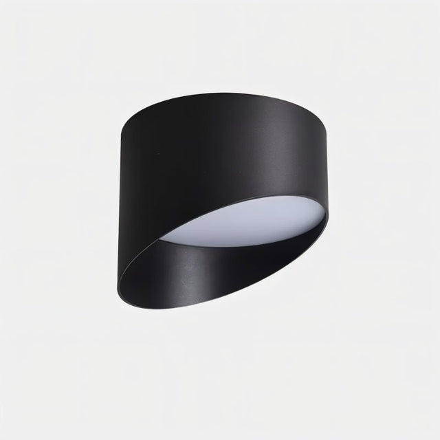 "Asymmetric cylindrical light, matte black finish, downward-focused lighting, aluminum fixture"
