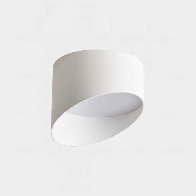 "White cylindrical ceiling light, asymmetric cut, aluminum body, modern design"