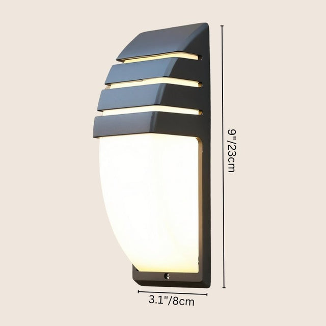 "Outdoor wall lamp with horizontal slats, made of aluminum, showing dimensions of 9’’ height and 3.1’’ width."
