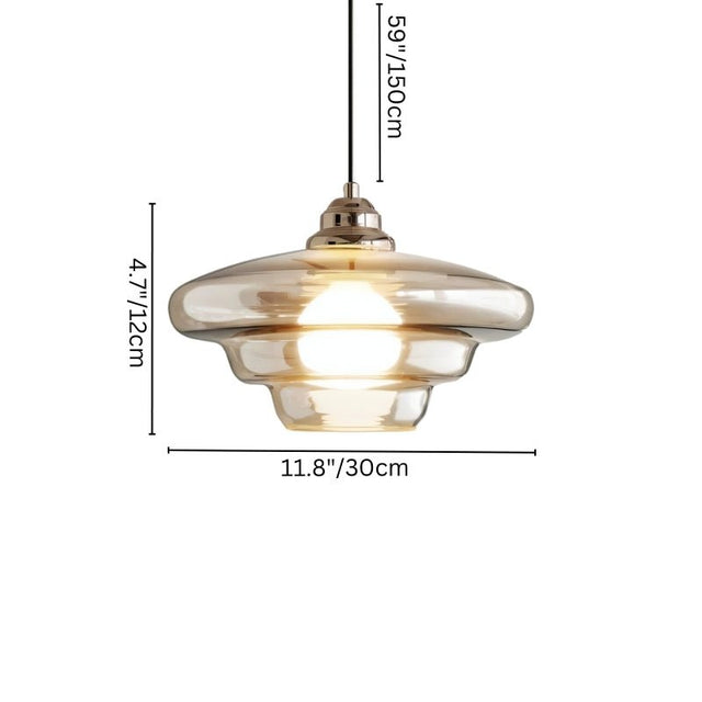 "Small Thuli pendant light with dimensions 11.8'' width, 4.7'' height, and 59'' hanging length, glass and iron."