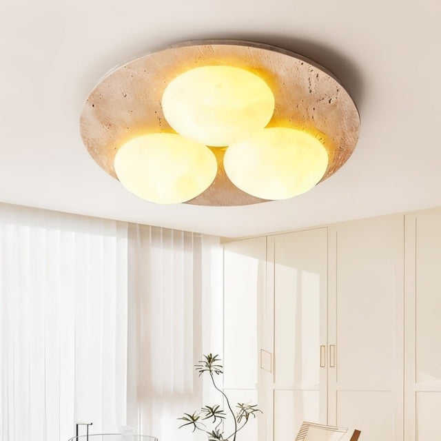"Close-up of ceiling lamp, natural travertine base, glowing opal glass globes, elegant design"