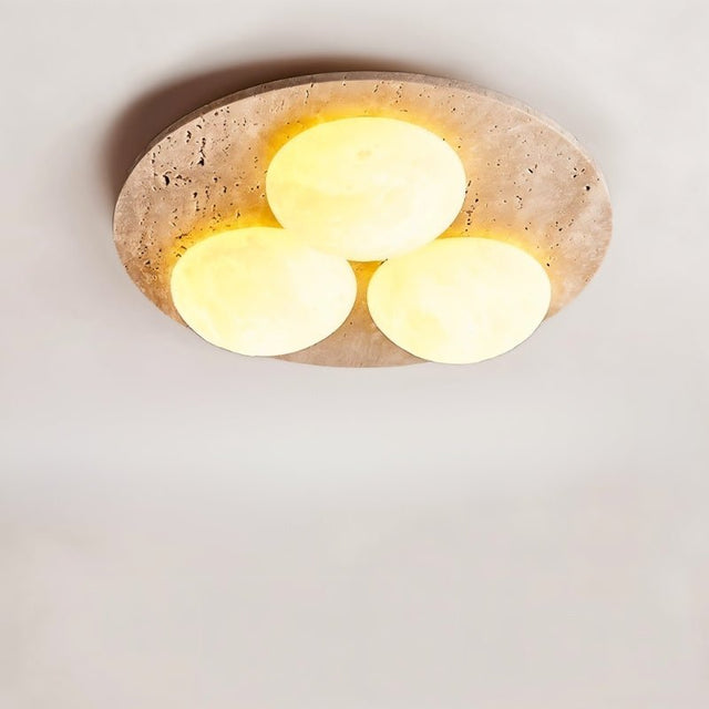"Close-up of ceiling lamp, natural travertine base, glowing opal glass globes, elegant design"