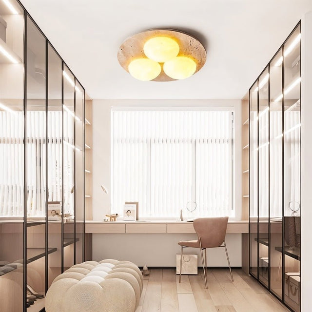 "Ceiling lamp in dressing room, travertine base, opal glass globes, soft ambient lighting enhancing luxurious interiors"