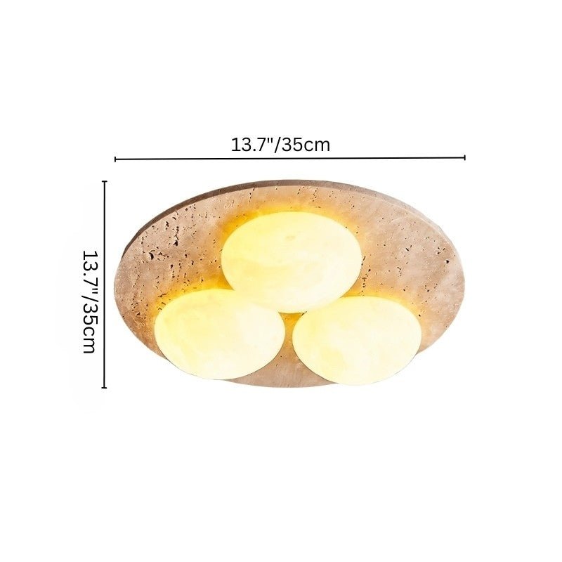 "Ceiling lamp measurements, circular travertine base, opal glass globes, compact and functional design"