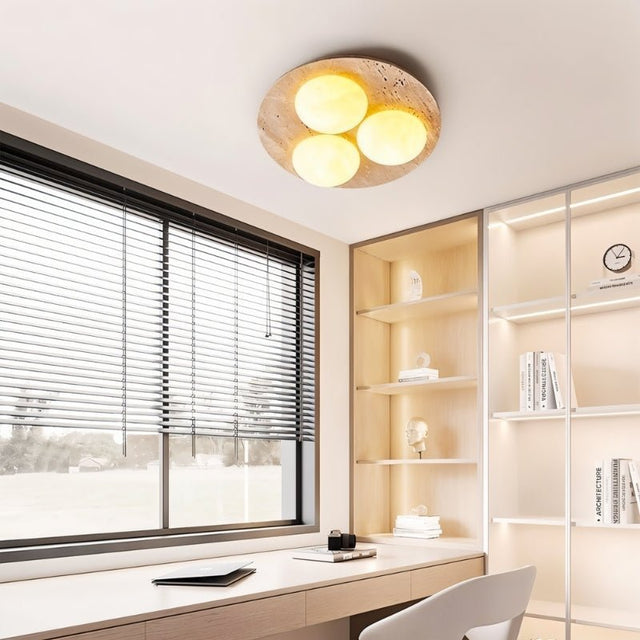 "Ceiling lamp in modern home office, circular travertine base, opal glass globes, sleek lighting for workspaces"