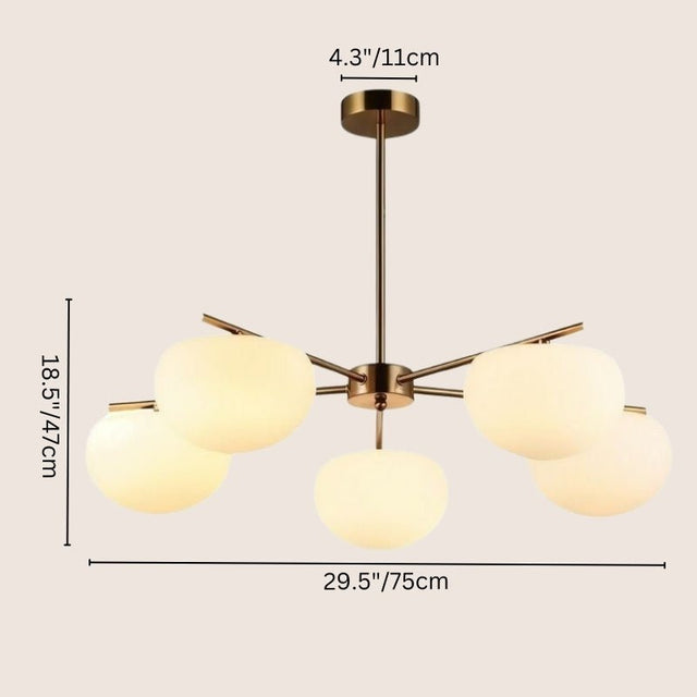 "Pendant lamp with five glass shades, dimensions 29.5 x 18.5 inches, perfect for spacious living areas."