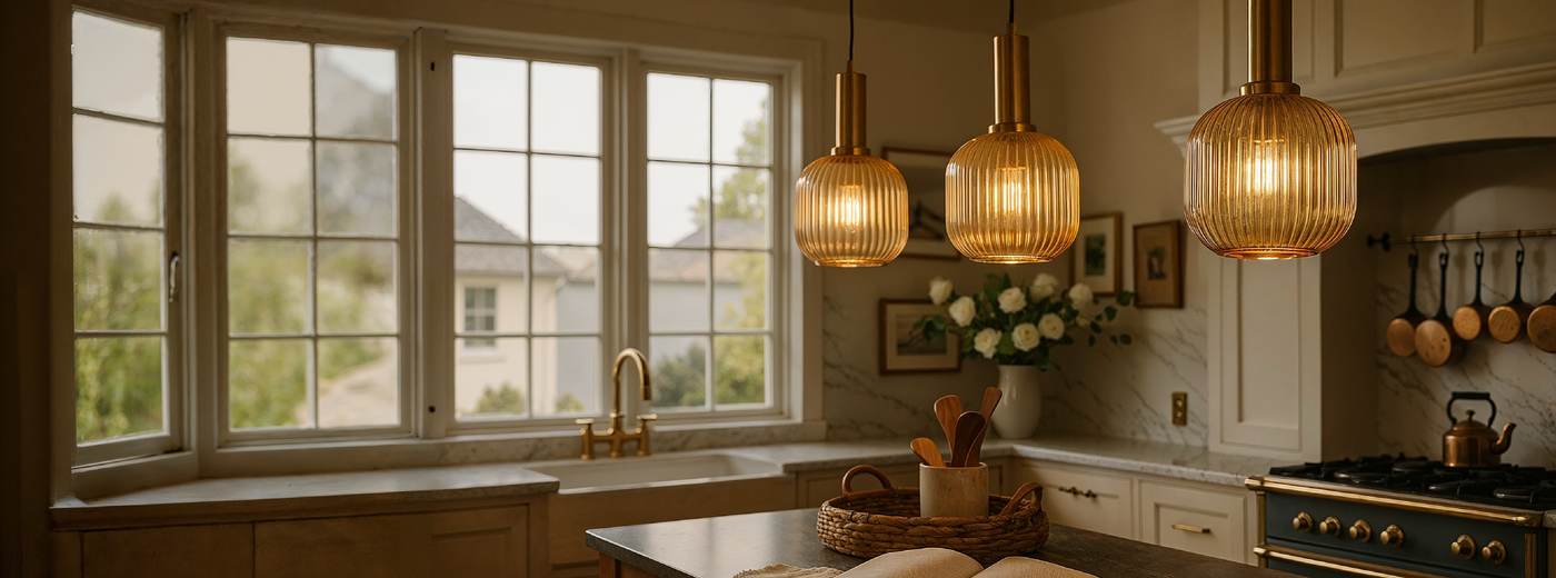 Modern kitchen with large windows, Vetreria Pendant Lights, and a stove.