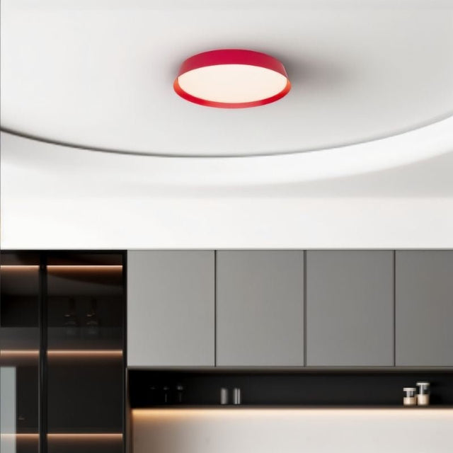 Zena Ceiling Lamp in red finish installed in a modern kitchen, offering even light distribution and stylish ambient lighting for indoor spaces.