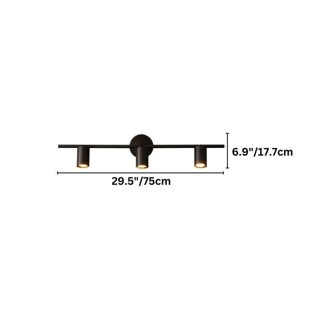 "Dimensions of a brass or black Aerisyn wall lamp with three adjustable light heads: 29.5 inches in length and 6.9 inches in height."