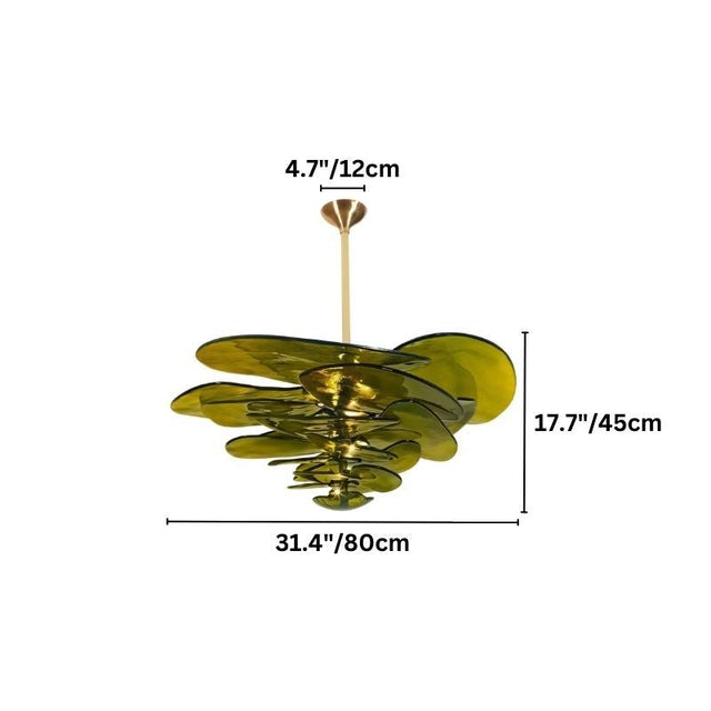 "A green Murano glass chandelier with layered petals, shown against a white background with dimension measurements."