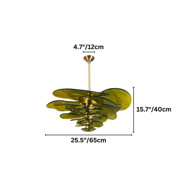"A green Murano glass chandelier with layered petals, shown against a white background with dimension measurements."