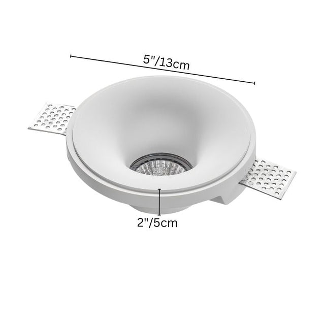 "Trimless downlight with gypsum and aluminum structure, showing its dimensions of 5 inches (13 cm) diameter and 2 inches (5 cm) depth for seamless ceiling integration."