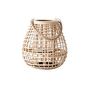 Woven lantern in a rounded, cage-like shape; natural finish; ideal for indoor or outdoor lighting decor.