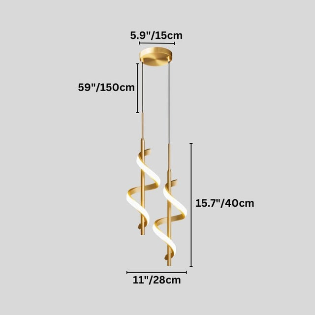 "Two gold pendant lights with a spiral design, shown against a gray background with dimension measurements."