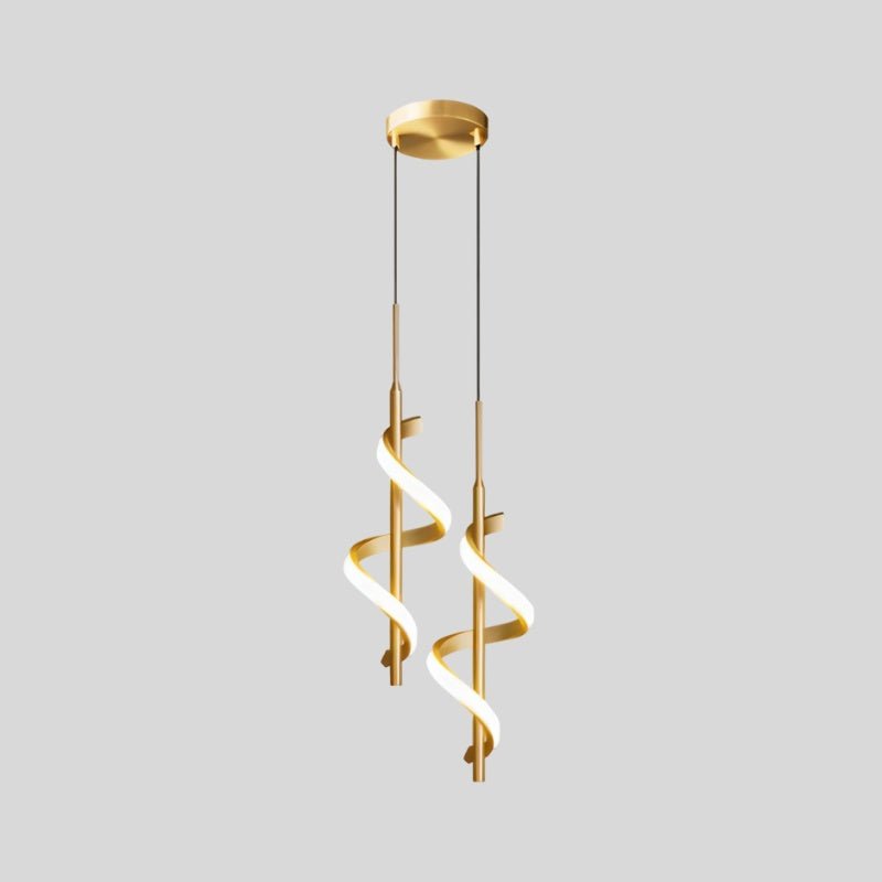 "Two gold pendant lights with a spiral design, shown against a gray background."