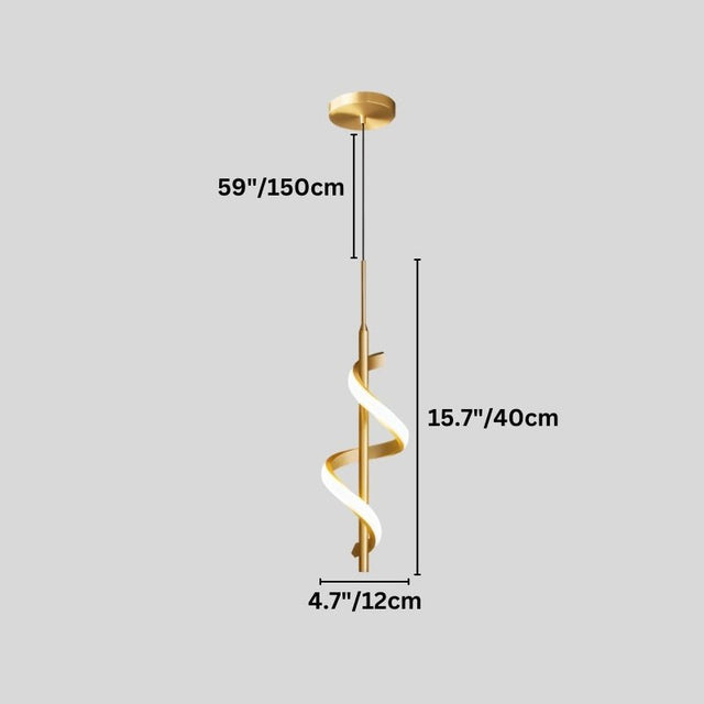 "A gold pendant light with a spiral design, shown against a gray background with dimension measurements."