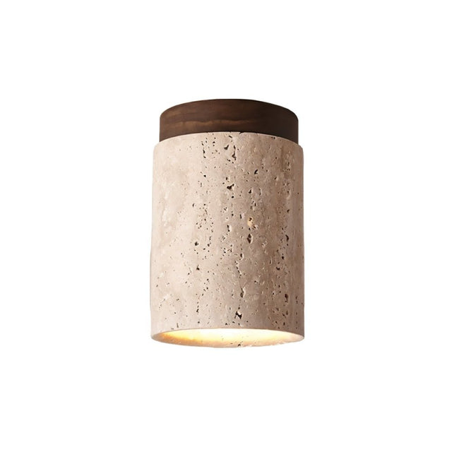 "Isolated cylindrical yellow travertine ceiling light with dark wood top, modern design."
