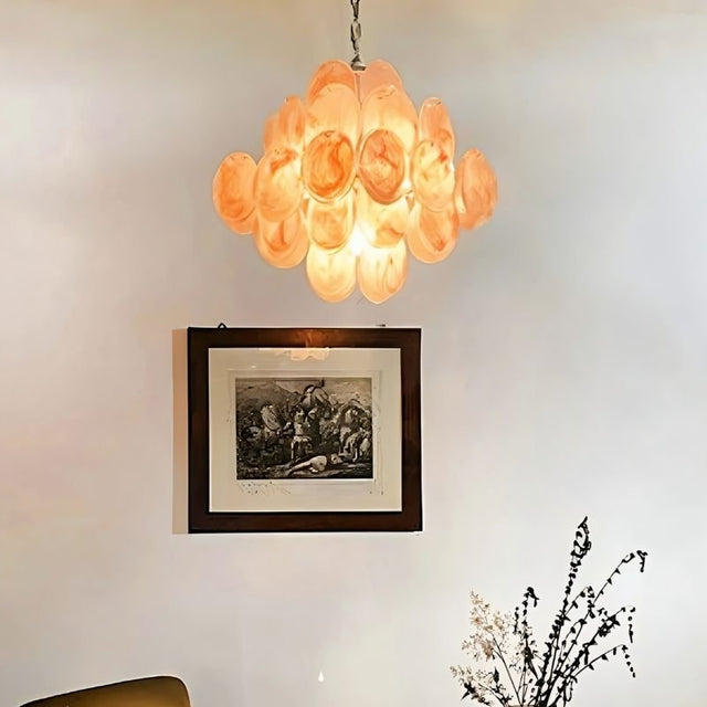 "A Murano glass disc chandelier in an interior setting."