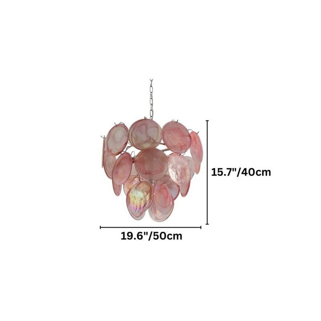 "A small pink Murano glass disc chandelier with dimensions shown."