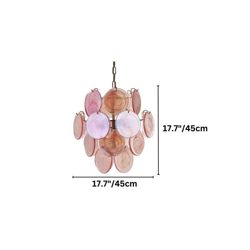 "A square-shaped Murano glass disc chandelier with dimensions shown."