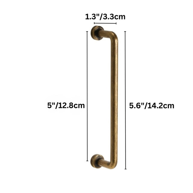 "Dimensions of a minimalist antique brass pull bar handle made of durable zinc with a slim, cylindrical design and rounded ends: 3.8 inches center-to-center, 4.3 inches overall length, and 1.3 inches in depth."