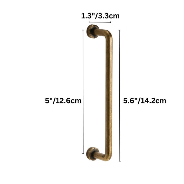 "Dimensions of a minimalist antique brass pull bar handle made of durable zinc with a slim, cylindrical design and rounded ends: 5 inches center-to-center, 5.6 inches overall length, and 1.3 inches in depth."