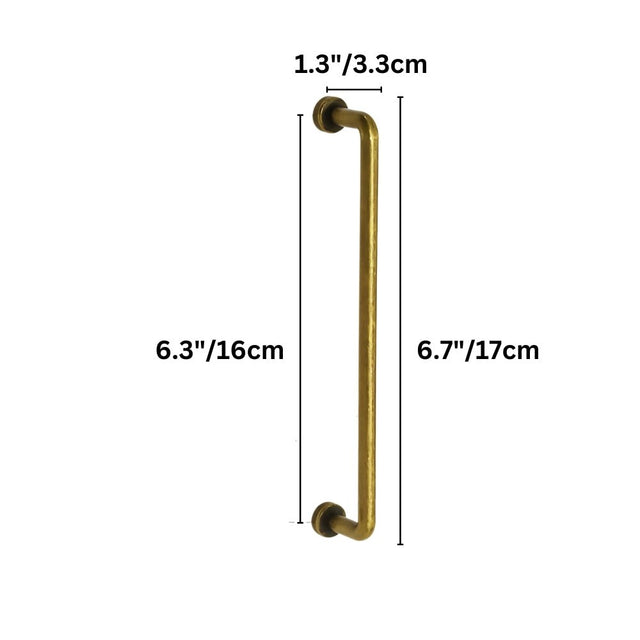 "Dimensions of a minimalist antique brass pull bar handle made of durable zinc with a slim, cylindrical design and rounded ends: 6.3 inches center-to-center, 6.7 inches overall length, and 1.3 inches in depth."