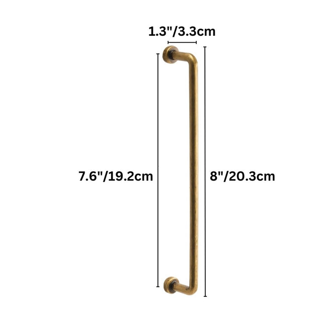 "Dimensions of a minimalist antique brass pull bar handle made of durable zinc with a slim, cylindrical design and rounded ends: 7.6 inches center-to-center, 8 inches overall length, and 1.3 inches in depth."