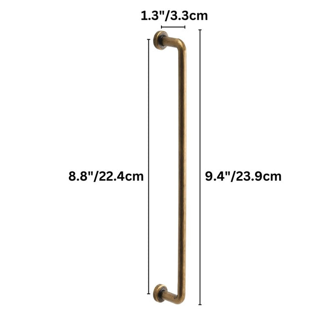 "Dimensions of a minimalist antique brass pull bar handle made of durable zinc with a slim, cylindrical design and rounded ends: 8.8 inches center-to-center, 9.4 inches overall length, and 1.3 inches in depth."