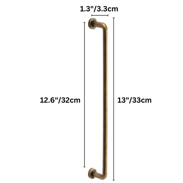 "Dimensions of a minimalist antique brass pull bar handle made of durable zinc with a slim, cylindrical design and rounded ends: 12.6 inches center-to-center, 13 inches overall length, and 1.3 inches in depth."