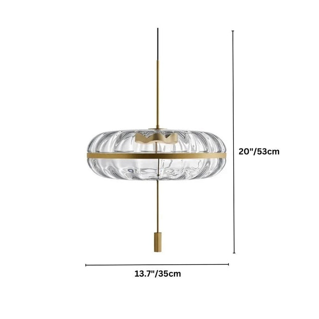 "Sculptural glass pendant light with rippled texture and metal frame, labeled with dimensions: 20 inches height and 13.7 inches width."