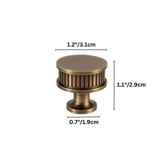 "Dimensions of an antique brass fluted cabinet knob with a ribbed texture and detailed design."