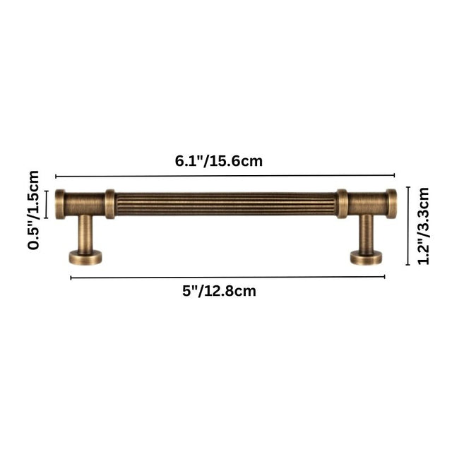 "Dimensions of a medium-sized antique brass fluted pull bar with detailed end caps and a ribbed texture."