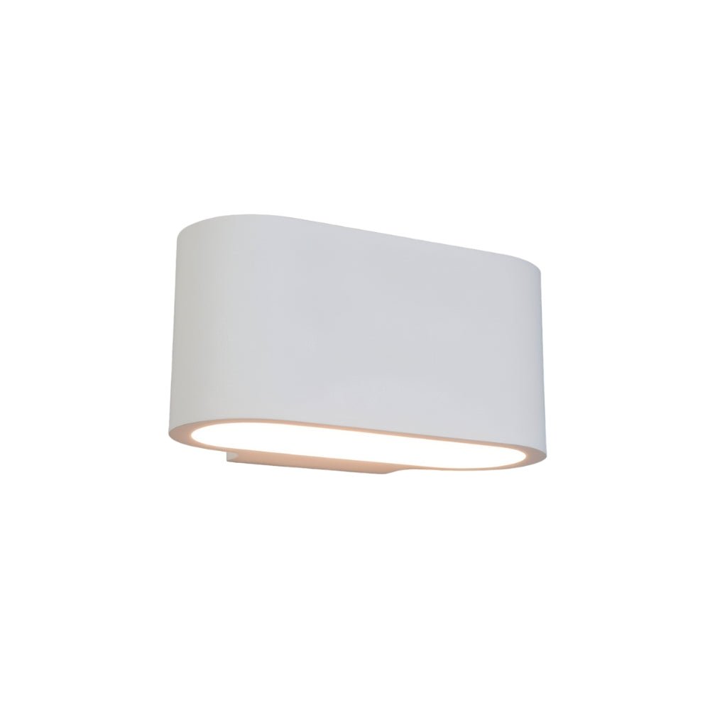 "White gypsum Arcat wall lamp with a rounded rectangular shape, emitting soft uplighting and downlighting, isolated on a white background."