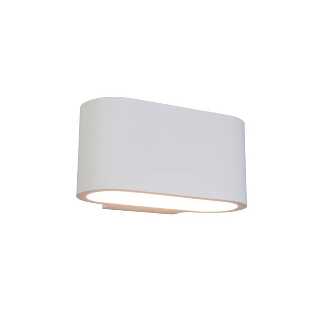 "White gypsum Arcat wall lamp with a rounded rectangular shape, emitting soft uplighting and downlighting, isolated on a white background."