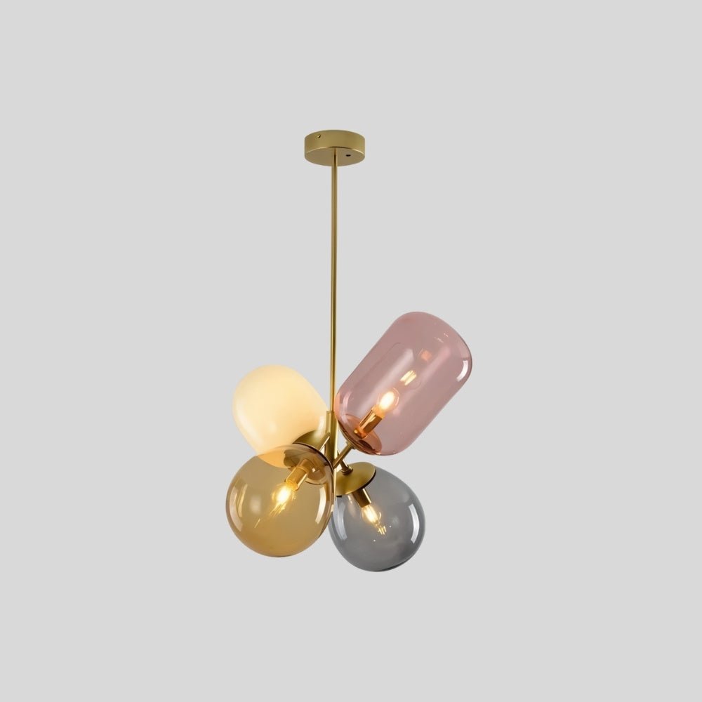 "Modern pendant light with clustered asymmetrical glass shades, isolated on a white background."