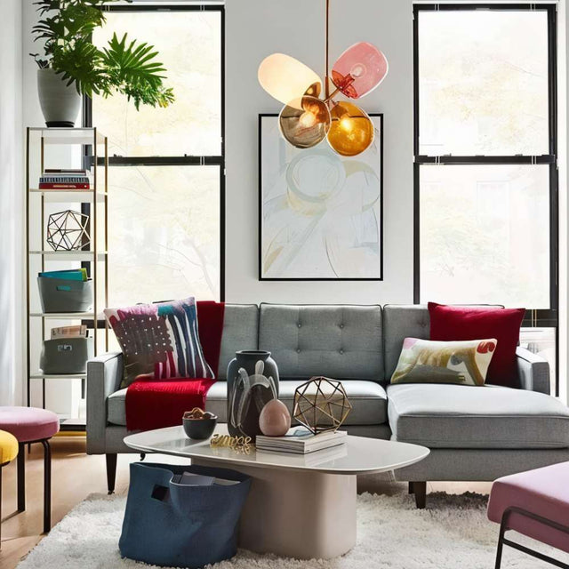 "Modern pendant light with clustered asymmetrical glass shades over a dining table."