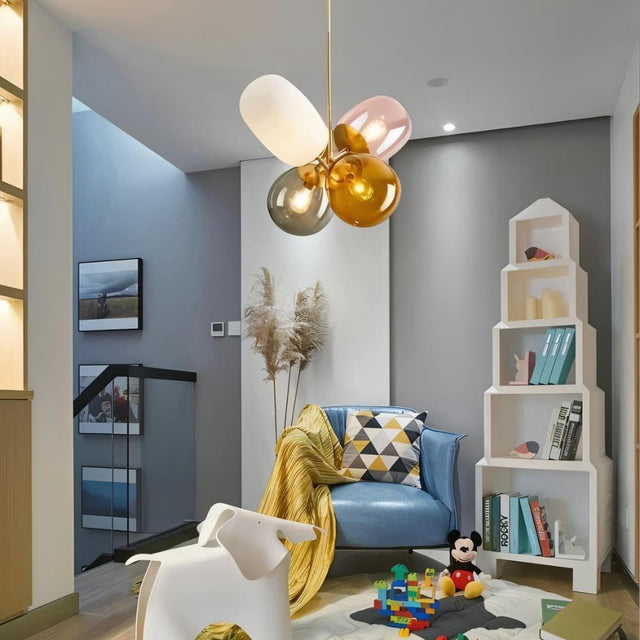 "Modern pendant light with clustered asymmetrical glass shades in a contemporary living room."