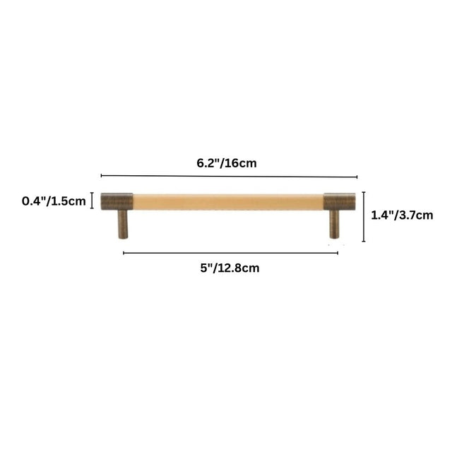 "Dimensions of a tan leather and brass pull bar: 6.2 inches (16 cm) length, 1.4 inches (3.7 cm) height, 0.4 inches (1.5 cm) thickness, and 5 inches (12.8 cm) center-to-center."