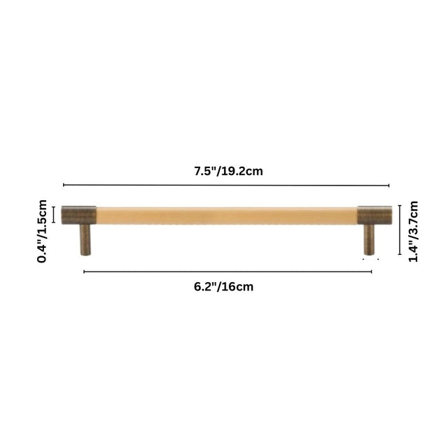 "Dimensions of a tan leather and brass pull bar: 7.5 inches (19.2 cm) length, 1.4 inches (3.7 cm) height, 0.4 inches (1.5 cm) thickness, and 6.2 inches (16 cm) center-to-center."