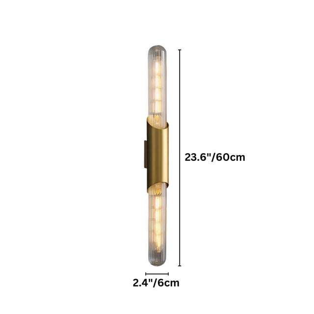 "Dimensions, 23.6 inches tall and 2.4 inches wide, of a modern brass wall lamp with a vertical glass tube."