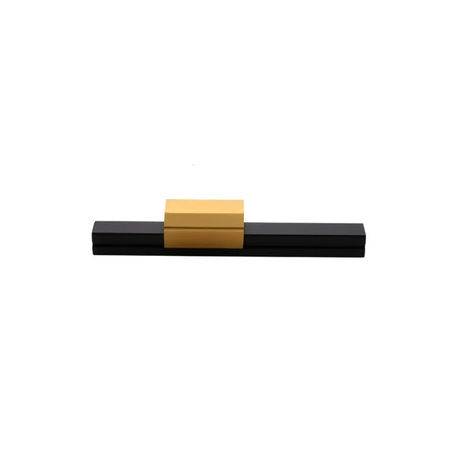 "A sleek black and gold aluminum pull bar shown from the front, suitable for modern cabinetry."