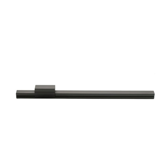 "A sleek gunmetal aluminum pull bar isolated on a white background, suitable for modern cabinetry."