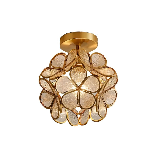 "A ceiling light with a brass frame and textured, clear glass petals in a floral design, providing a bright, elegant illumination."