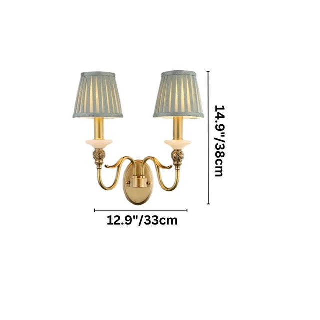 "Dimensions of a double-arm Asmora wall lamp, showing a height of 14.9 inches (38 cm) and a width of 12.9 inches (33 cm)."