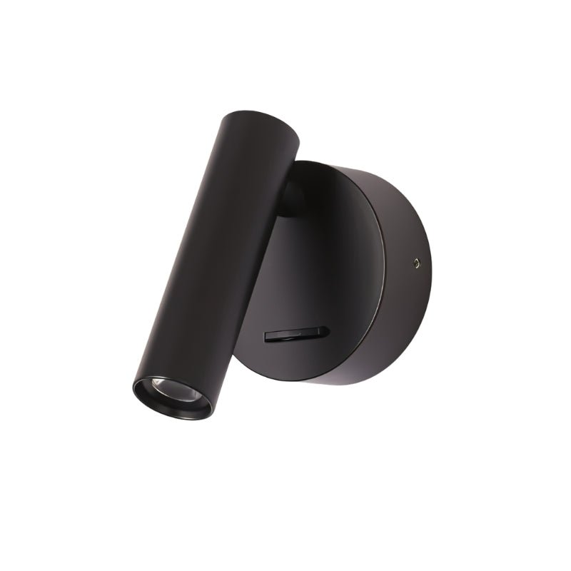 "A black aluminum wall lamp with an adjustable cylindrical head, shown against a white background."