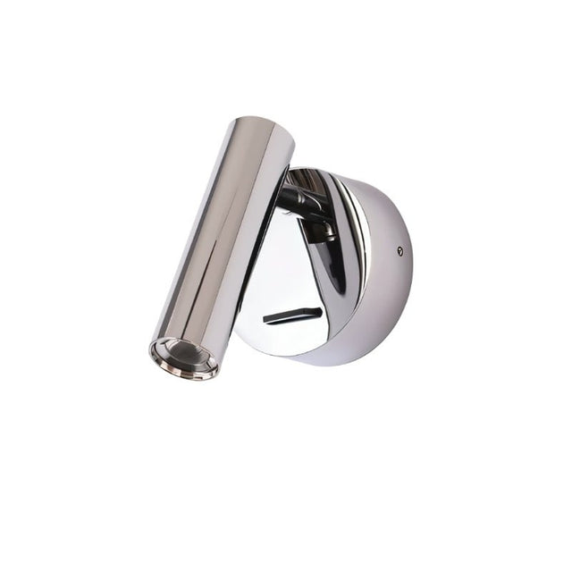 "A chrome aluminum wall lamp with an adjustable cylindrical head, shown against a white background."